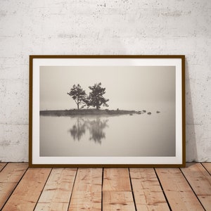 Impressão costeira, arte de parede em tons pastéis, paisagem de lago de montanha, fotografia moderna, decoração de parede de neblina, árvores nebulosas, decoração azul grande, arte minimalista