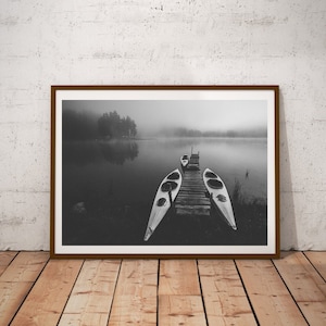 Foggy Lake Wall Decor, Mountain Lake Poster, Landscape Photo, Fog Print, Canoe Wall Art, Fine Art Print, Nature Photography, Outdoor Gift