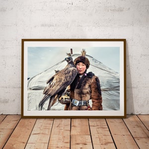 Eagles Hunter Poster, Eagle Huntress Wall Decor, Mongolia Photography, Golden Eagle Art, Travel Photo, Large Wall Art Print, Girl Portrait