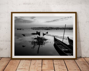 Lake Landscape, Boat In Lake, Asia Art Print, Sunrise Decor, Fine Art Photography, Wanderlust Art Poster, Boats Wall Decor,Romantic Wall Art