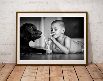 Black Dog and Boy Art Print, Fine Art Photography