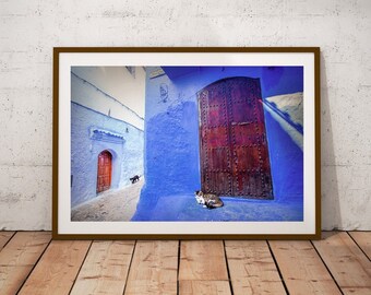 Moroccan Street Poster, Two Cats Wall Decor, Chefchaouen Morocco Print, Blue Wall Art, Cat Lover Gift, Fine Art Travel Photography, Art Gift
