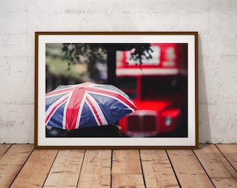 London Street Photography Print: British Flag Umbrella, Red Bus