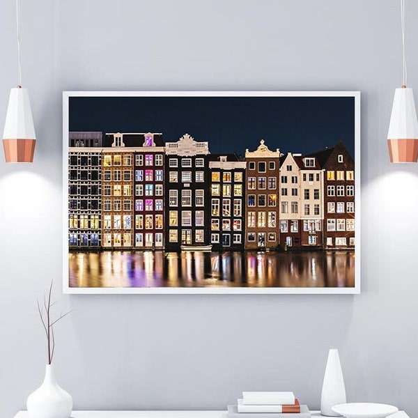 Nacht Amsterdam Print, Nederlandse Grachtenhuizen Poster, Nederland Nacht Stadsgezicht, Fine Art Photography, Woonkamer Muurkunst, Nederlandse architectuur