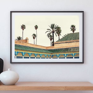 Marokko architectuurfotografie, palmbomen print, Marokkaanse muurkunst, modern groot decor, reizen Boho print, Arabisch decor, pastel poster