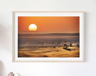 Desert Sunset Wall Art, Dunes Wall Art, Sunset in Sahara, Morocco Wall Decor, African Desert Landscape, Travel Photography, Palm Tree Print