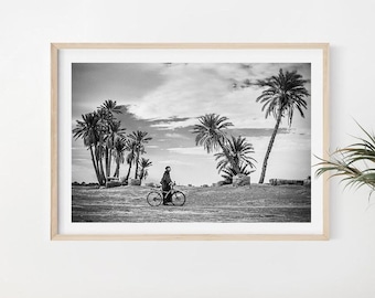 Moroccan Man Wall Art, Sahara Desert Print, Morocco Wall Decor, Bicycle Man, Fine Art Photography, African Landscape, Palm Trees Poster