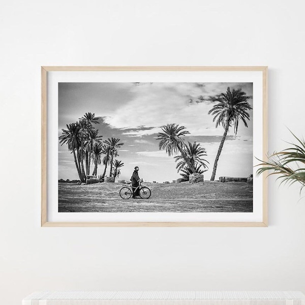 Moroccan Man Wall Art, Sahara Desert Print, Morocco Wall Decor, Bicycle Man, Fine Art Photography, African Landscape, Palm Trees Poster