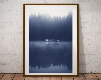 Foggy Coastal Print, Camp Wall Decor, Blue Landscape, Mountain Lake Poster, Modern Poster, Fine Art Photography, Beach Wall Art, Art Gift