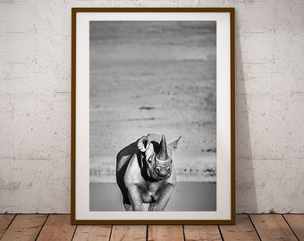 Black and White Rhino Photography Print, Africa Safari Wall Art