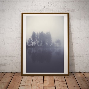 Modern Blue Poster, Foggy Forest Print, Fog Trees Landscape, Blue Lake Decor, Minimalist Art Print, Foggy Coastal Print, Natural Photography