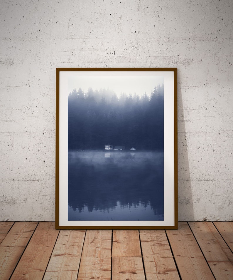 Foggy Coastal Print, Camp Wall Decor, Blue Landscape, Mountain Lake Poster, Modern Poster, Fine Art Photography, Beach Wall Art, Art Gift image 1