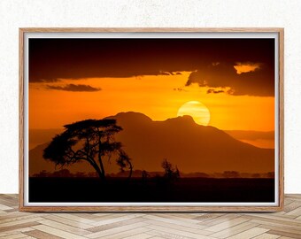 African Sunset Print, Fine Art Photography, Kenya Landscape, Warm Tones Poster, Tree Wall Art