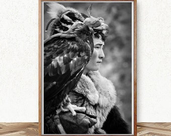 Mongolia Poster, Eagle Hunter Wall Art, Golden Eagle Festival, Black And White, Animals Art Decor, Travel Photography, Bird Of Prey Poster,