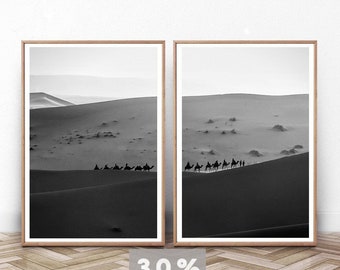 Desert Wall Art, Sahara Wall Decor, Set Of 2 Prints, Black And White Minimal Photography, Fine Art Landscape, African Poster, Camel Caravan
