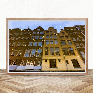 Amsterdam Kanal Häuser Druck, Niederländische Architektur Poster, Herbst Wandkunst, Wasser Spiegelungen Foto, Spiegelungen Wand-Dekor, Kunst aus den Niederlanden