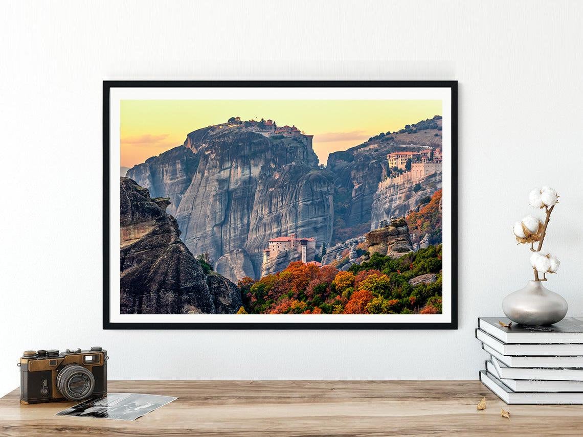 油彩画 メティオラ修道院　山と修道院の風景 インテリア　アンティーク 油彩画 メティオラ修道院 山と修道院の風景 インテリア アンティーク