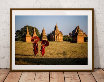 Myanmar Buddhist Monks Art Print, Asian Landscape Wall Decor