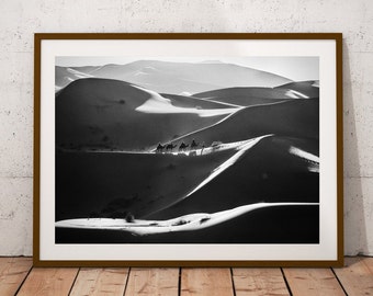 Desert Wall Art, Sahara Print, Morocco Wall Decor, Africa Landscape, Camel Caravan, Fine Art Photography, Black & White Desert, Camels Decor