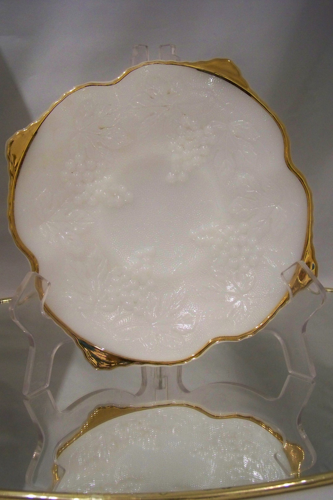 Vintage Milk Glass With Gold Trim Grape Emboss Dish Etsy