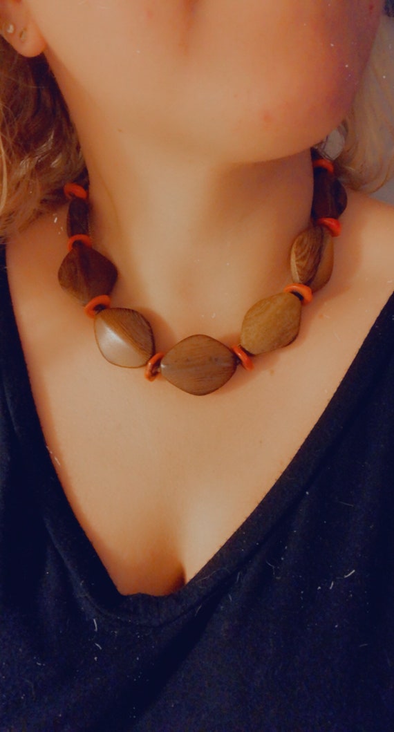 Wood and Coral vintage bead necklace boho cool