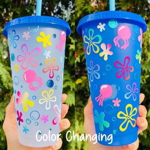 Spongebob Flowers color changing cold cup Venti/ Cartoon flowers reusable cup/ Personalized Gift/ Starbucks cup/ handmade gifts