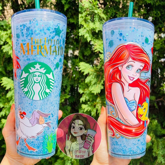 Little mermaid snowglobe alcrylic Tumbler in 2023  Custom tumbler cups,  Halloween cups, Custom starbucks cup