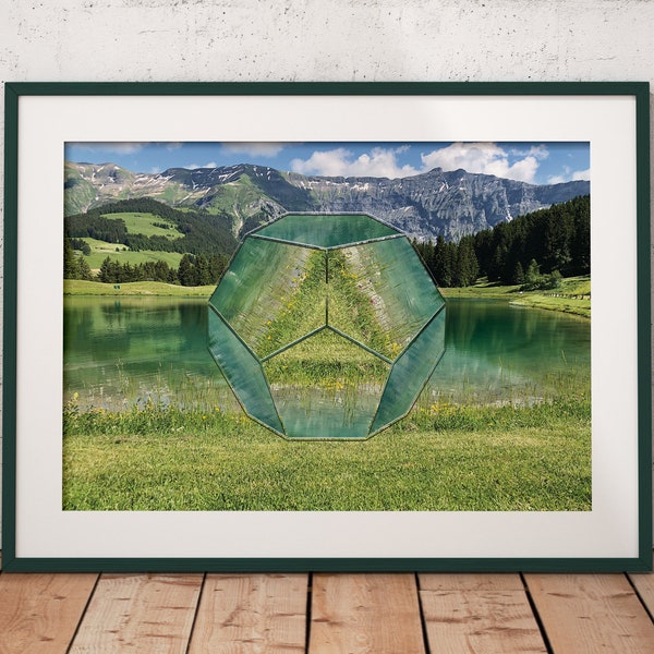 Sacred Geometry Print , Dodecahedron Poster, Mountain Landscape, Digital download.