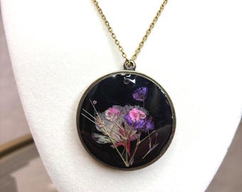 Pressed Flower Resin Pendant Necklace: Black Cottagecore Jewelry - Mother's Day, bridal, birthday, holiday