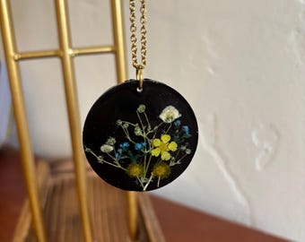 Black Resin Pendant Necklace: Dried Flowers, 18k Gold Chain