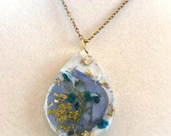 Blue Floral Resin Pendant Necklace with Gold Leaf - Mother's Day, bridal, birthday, holiday