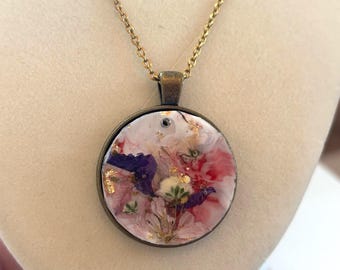 Resin Pendant Necklace: White, Pink, Purple Flowers & Gold Leaf  - Mother's Day, bridal, birthday, holiday