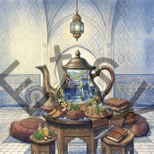 May include: An artistic rendering of a Moroccan tea setting. A large, ornate teapot with a landscape scene is the focal point. The scene includes a table with tea glasses, cushions, and a decorative lantern, all in a room with blue and white tilework.