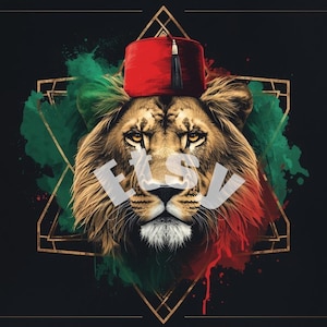 May include: A lion wearing a red fez hat with a black tassel, centered against a black background with green and red watercolor splashes and a gold geometric star frame. The word Etsy is overlaid in white capital letters across the lion's face.