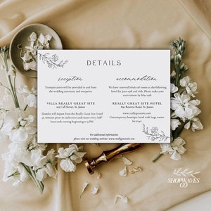 Tarjeta de detalles de boda minimalista, tarjeta de inserción de invitación de boda, tarjeta de detalles de caligrafía moderna, tarjeta de boda con detalles personalizados