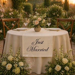 Peut inclure: Scène de réception de mariage en plein air. Une table ronde est dressée avec une nappe crème et un chemin de table avec l'inscription "Just Married". La table est ornée de fleurs, de verres à vin et d'assiettes. Des chaises en bois entourent la table.