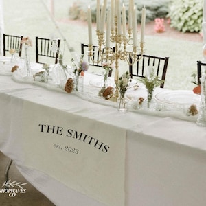 Cartello da tavolo per matrimonio personalizzato, in tessuto, con cognome e data di scadenza, decorazione personalizzata per il tavolo principale, striscione da matrimonio in lino, cartello da tavolo per cena nuziale