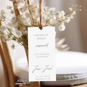 Etiqueta de silla reservada Etiqueta de asiento de boda Etiqueta de silla imprimible Etiqueta de silla reservada para la novia y el novio Letrero de asiento reservado Etiqueta de asiento minimalista moderna Nombre