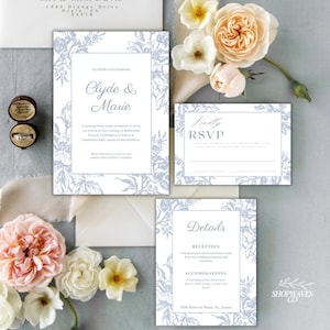 Wedding Invitation Suite Light Blue, French Blue Wedding Invite Set, Dusty Blue Invitations with Qr Code Rsvp, Wedding Invitation Bundle Set