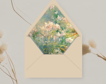 May include: A beige envelope with a square flap. The flap is lined with a colorful floral pattern. The envelope is on a light gray background.