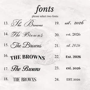 May include: A font selection chart featuring the text fonts, please select two fonts, followed by a numbered list from 13 to 24. The list displays the text The Browns and est. 2026 in various black serif, sans-serif, and script typefaces.