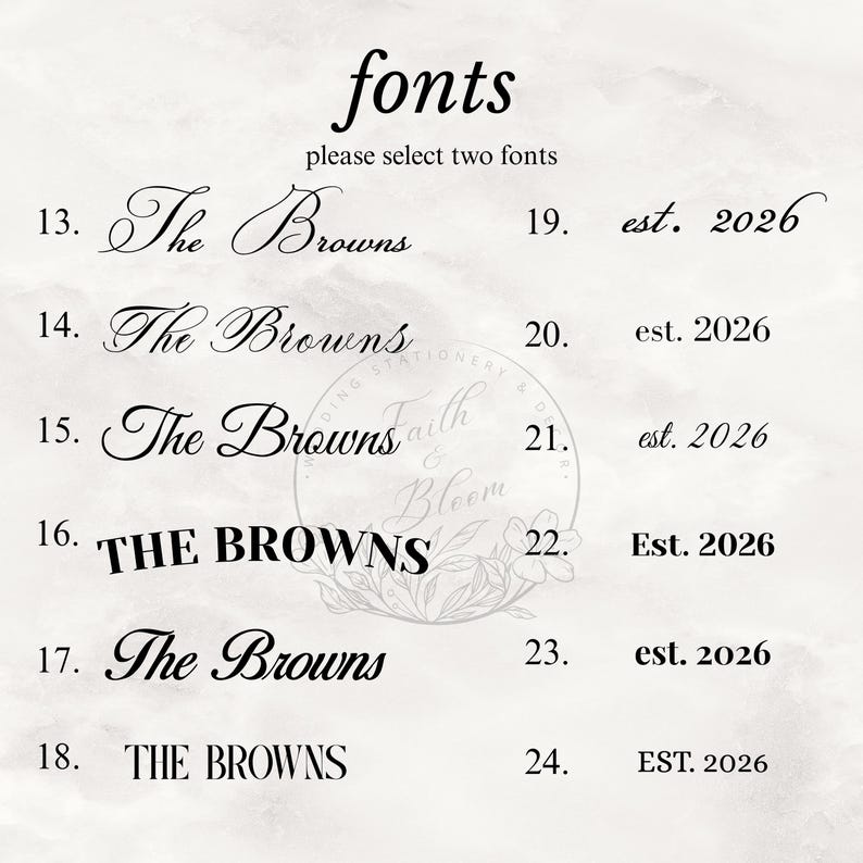 May include: A font selection chart featuring the text fonts, please select two fonts, followed by a numbered list from 13 to 24. The list displays the text The Browns and est. 2026 in various black serif, sans-serif, and script typefaces.