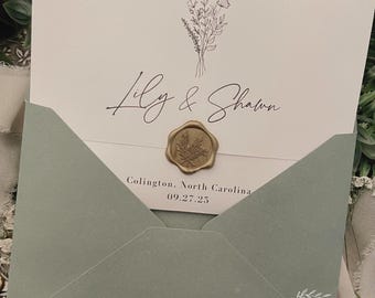 Folded Wedding Invitation: Botanical Design with Wax Seal