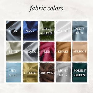 May include: A color chart titled fabric colors displaying fifteen fabric swatches in grey, navy, olive green, white, dusty blue, beige, black, red, khaki, apricot, sky blue, yellow, brown, light grey, and forest green with text labels.