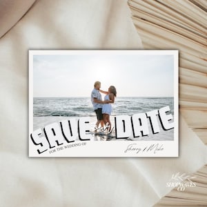 Modelo de cartão postal retrô para salvar a data com foto para impressão, salve nossa data de casamento vintage com calendário editável, salve a data personalizado