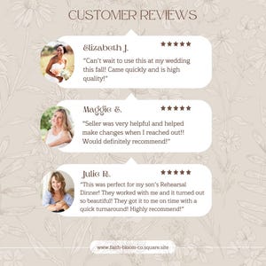 May include: A customer review graphic featuring the title CUSTOMER REVIEWS in brown text. Three white speech bubbles contain five-star ratings, names, and testimonials from Elizabeth J., Maggie E., and Julie R. The website faith-bloom-co.square.site is at the bottom.