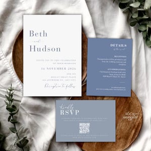 Wedding Invitation Suite Light Blue, French Blue Wedding Invite Set, Dusty Blue Invitations with Qr Code Rsvp,Wedding Invitation Bundle AT09