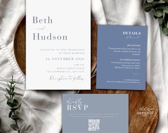 French Blue Wedding Invitation Suite with QR Code RSVP