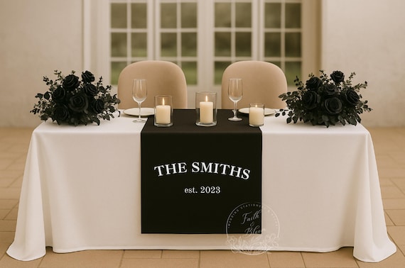 Black Wedding Table Runner Last Name Sign Personalized Last Name Sign Custom Black Linen Wedding Banner Sweetheart Table Decor