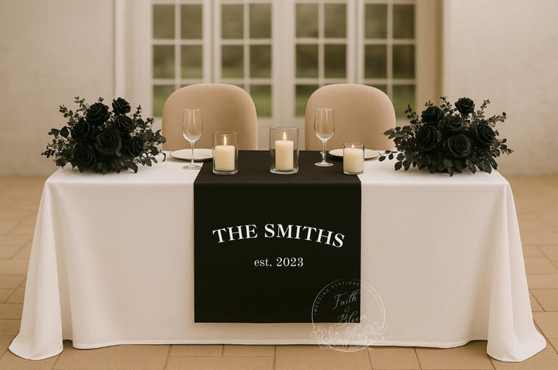 May include: A white tablecloth with a black table runner featuring the white text THE SMITHS and est. 2023. The table is set with two clear wine glasses, three white pillar candles in glass holders, and two floral arrangements of black roses.